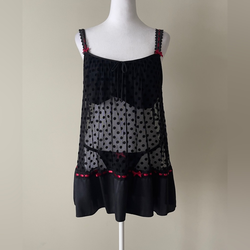 Linea Donatella Black Sheer Polka Dot with Red Accent Set of babydoll and Kimono - Picture 4 of 7